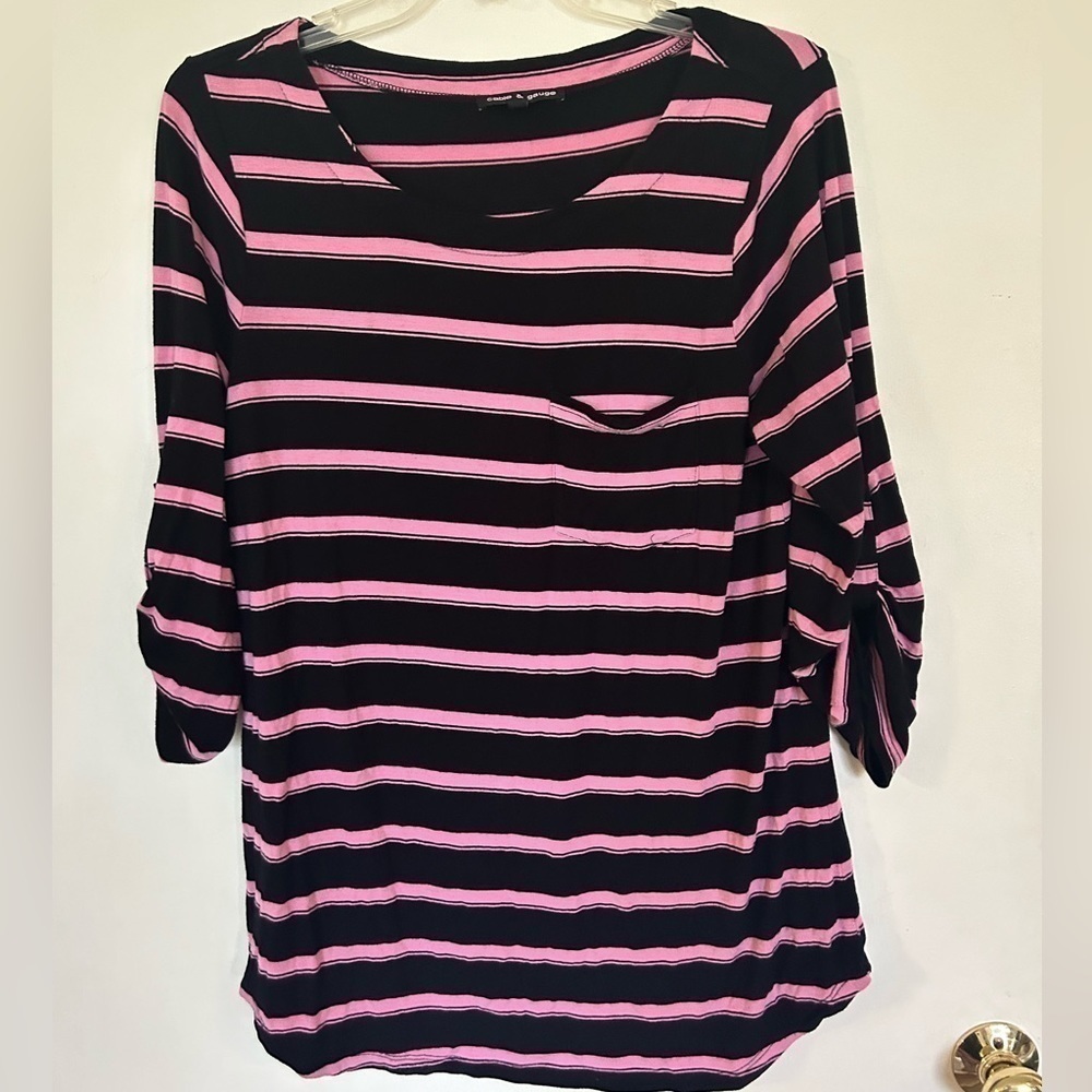 Cable & gauge large, black and white striped three-quarter length sleeve top